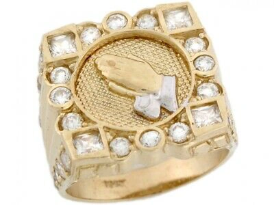 Pre-owned Jackani 10k Or 14k Real Two-tone Gold Cluster White Cz Prayer Hands Mens Ring