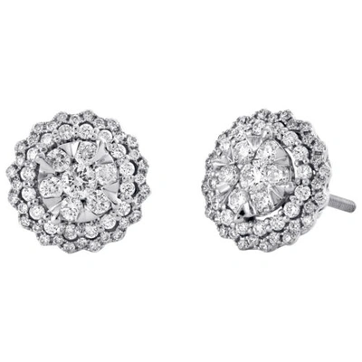 Pre-owned Jfl Diamonds & Timepieces 14k White Gold Round Diamond Double Flower Halo Stud 11mm Cluster Earrings 1 Ct.