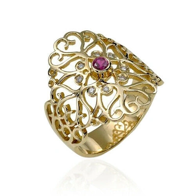 Pre-owned Handmade 14k Yellow Gold Diamond Ruby Modern Filigree Yemenite Ring
