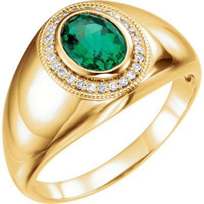 Pre-owned Chatham 14k Yellow Gold Mens Oval  Created Emerald And Genuine Diamond Ring In Green