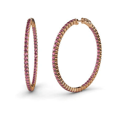 Pre-owned Trijewels Rhodolite Garnet 2 5/8ctw Inside-out Womens Hoop Earrings 14k Rose Gold Jp:37603 In Red-violet