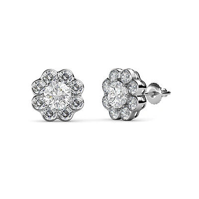 Pre-owned Trijewels White Sapphire & Diamond Floral Halo Stud Earrings 2.50 Ct Tw In 14k Gold