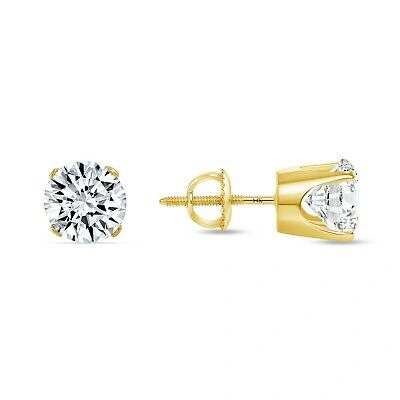Pre-owned Shine Brite With A Diamond 2 Ct Round Lab Created Grown Diamond Earrings 14k Yellow Gold E/vvs Crown Screw