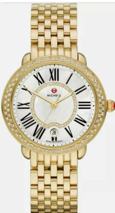 Pre-owned Michele Serein Diamond Gold Tone Mother Of Pearl Face Women's Watch