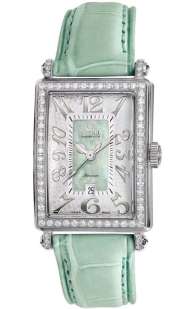 Pre-owned Gevril Women's 6206nl Glamour Automatic Diamond Green Leather Wristwatch.