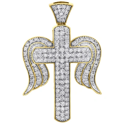 Pre-owned Jfl Diamonds & Timepieces 10k Yellow Gold Diamond Cross & Angel Wings Pendant 1.60" Pave Charm 1.50 Ct. In White