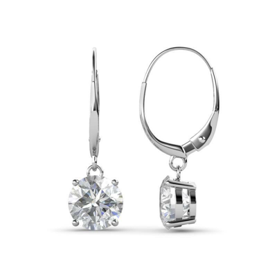 Pre-owned Trijewels White Sapphire 6mm 4 Prong Dangling Earrings 1.70 Ctw In 14k Gold Jp:67120
