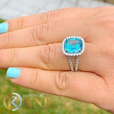 Pre-owned Knr 14k White Gold Cushion Cut Blue Topaz And Diamonds Engagement Ring Halo 4.70ctw