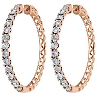 Pre-owned Jfl Diamonds & Timepieces 10k Rose Gold Real Diamond One Row Bezel Set 1.55" Hoops Huggie Earrings 1.50 Ct In White