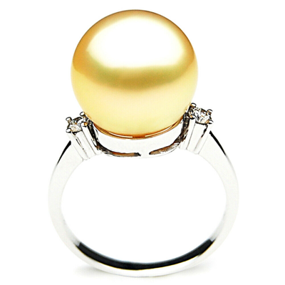 Pre-owned Pacific Pearls® 13mm Golden South Sea Pearl Rings With Diamonds  Large Pearl Ring