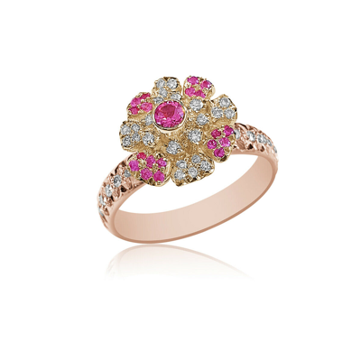 Pre-owned Handmade 14k Gold Diamond And Pink Sapphire Flower Ring