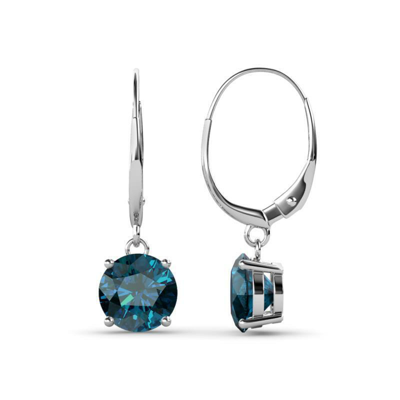 Pre-owned Trijewels Blue Diamond 6.5mm 4 Prong Dangling Earrings 2.00 Ctw In 14k Gold Jp:67123