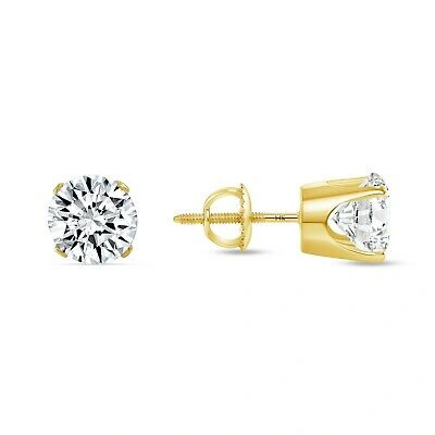 Pre-owned Shine Brite With A Diamond 2 Ct Round Lab Created Grown Diamond Earrings 14k Yellow Gold F/vs Crown Screw