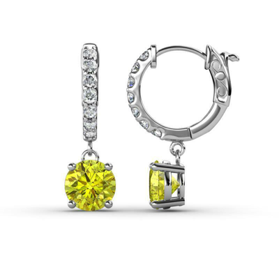 Pre-owned Trijewels Round Yellow And White Diamond Dangle Hoop Earrings 1 7/8 Ctw 14k Gold Jp:237692