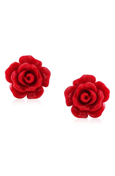 Bling Jewelry 3d Rose Stud Earrings In Red