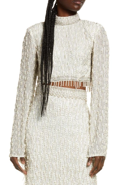 Asos Design Linear Pearl Embellished Crop Top With High Neck In