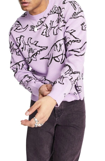 Asos Design Knitted Sweater With All Over Dino Pattern In Lilac-purple