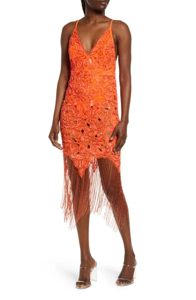 Asos Design Sequin Cutwork Cami Midi Dress With Fringe Hot Orange