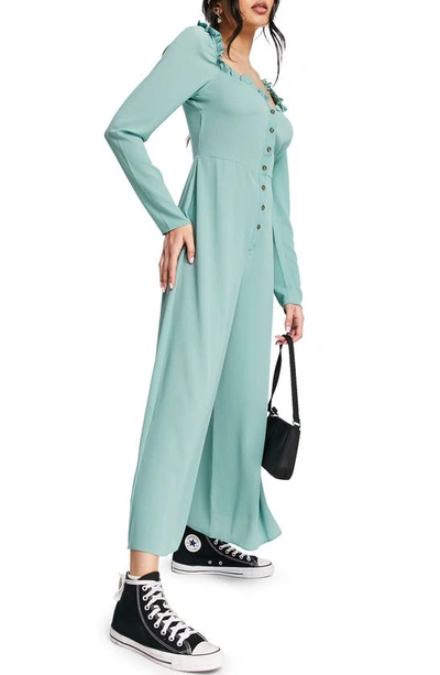 Asos Design Bubble Crepe Long Sleeve Milkmaid Tea Jumpsuit In Dark Sage-green