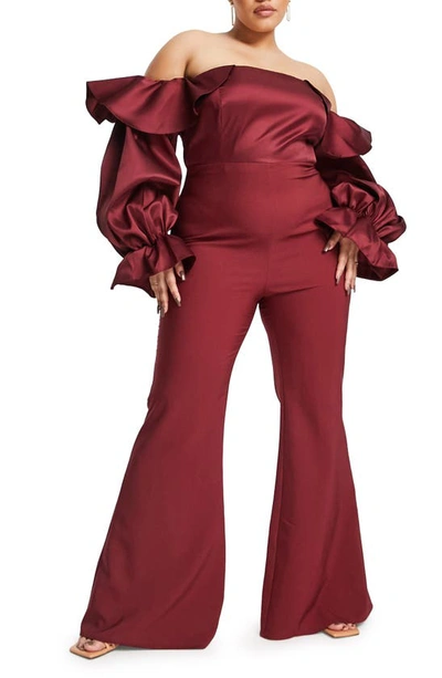 Asos Design Satin Off The Shoulder Jumpsuit In Burgundy