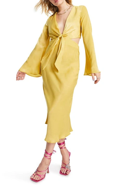 Asos Design Tie Front Satin Midi Dress With Flared Sleeve And Cut Out Side In Yellow