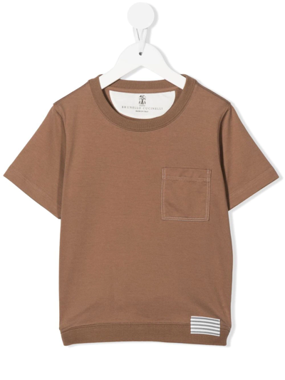 Brunello Cucinelli Kids' Patch-pocket Cotton T-shirt In Braun