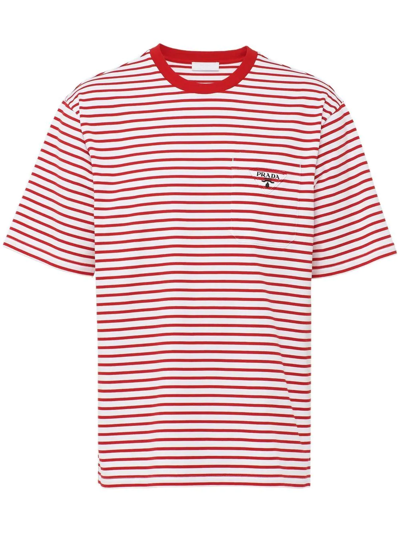 Prada Striped Triangle-logo T-shirt In Red