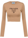 Prada Logo-intarsia Rib Cropped Silk Sweater In Brown