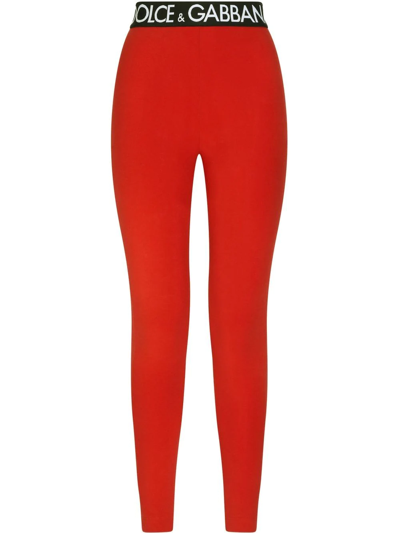 Dolce & Gabbana Leggings Con Elastico Logato In Red