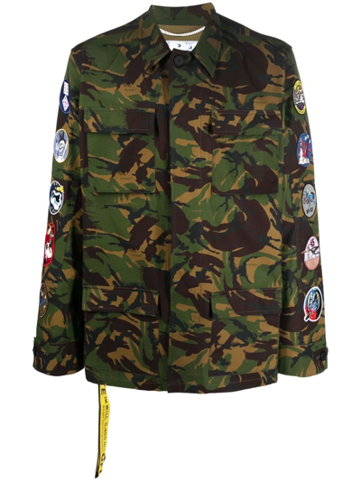 Off-white Green Camou Patch Field Jacket In Army Green,white