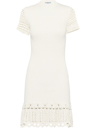 Prada Crochet Cotton Mini Dress In Ivory