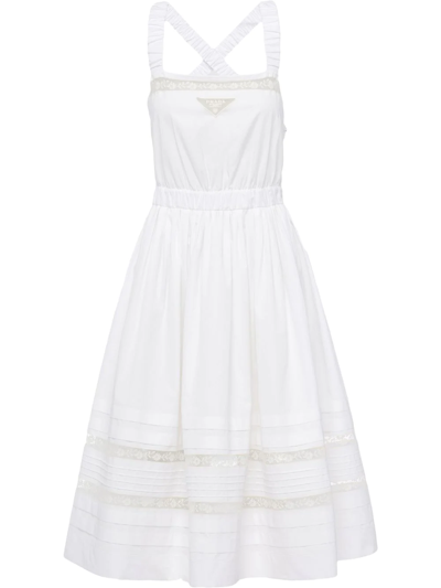 Prada Lace-panel Flared Dress In Weiss