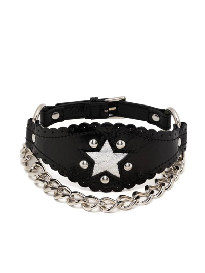 Alessandra Rich Leather Choker W/ Star & Chain In Black