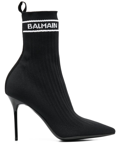 Balmain Skye Logo-detailed Stretch-knit Ankle Boots In Black