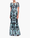 MARCHESA NOTTE SHORT-SLEEVE EMBROIDERED TULLE GOWN