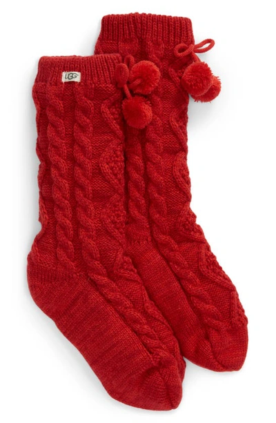 Ugg Pompom Fleece Lined Socks In Poppy Red