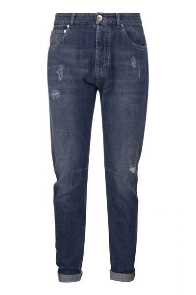 Brunello Cucinelli Five-pocket Leisure Fit Trousers In Old Denim With Rips In Denim Blue