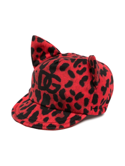 Dolce & Gabbana Kids' Leopard-print Cat-ear Cap In Red