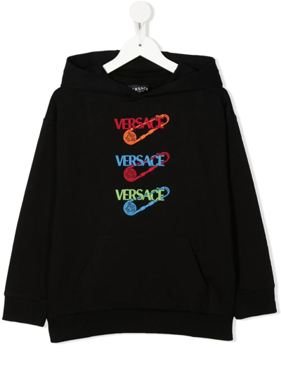 Versace Kids' Safety Pin Embroidered Cotton Hoodie In Black