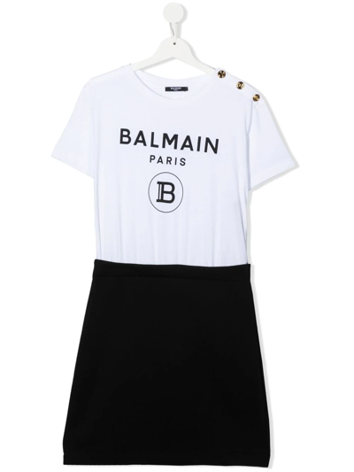 Balmain Kids' Logo印花棉连衣裙 In White,black