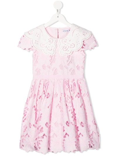 Self-portrait Kids' Cotton Midi Dress W/ Embroidered Collar In Pink