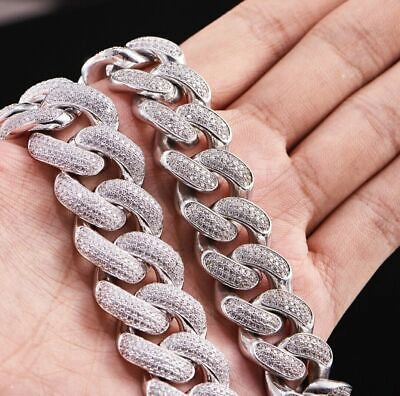 Pre-owned Online0369 5.18 Ct Round Cubic Zirconia Mens 22 Mm X 20 Inch Long Cuban Link Chain Necklace