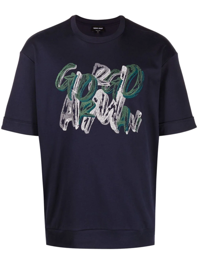 Giorgio Armani Graphic Logo-print Cotton T-shirt In Blue