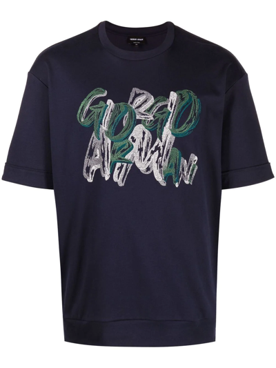 Giorgio Armani Graphic Logo-print Cotton T-shirt In Navy Blue