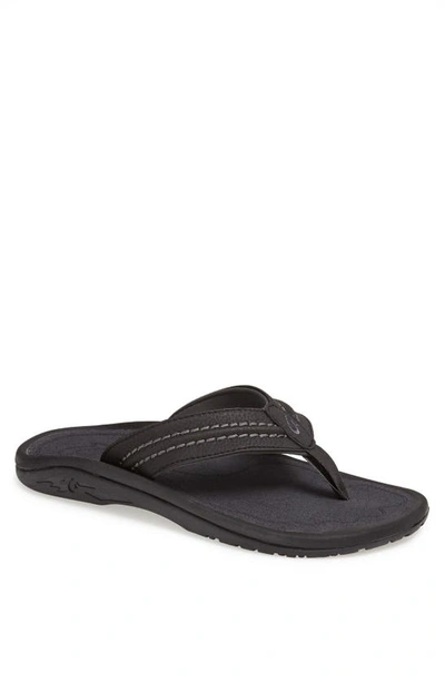 Olukai Hokua Flip Flop In Black/ Shadow Faux Leather
