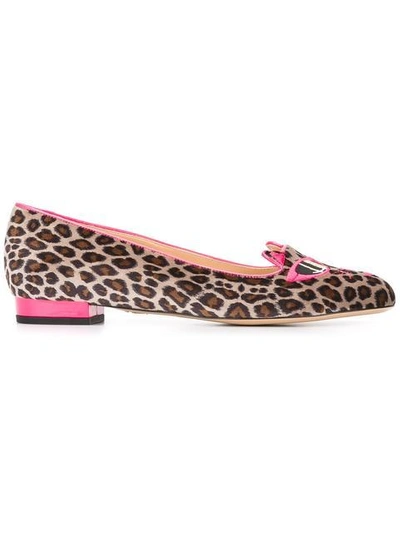 Charlotte Olympia Woman Leather-trimmed Embroidered Leopard-print Satin Ballet Flats Chocolate In Black