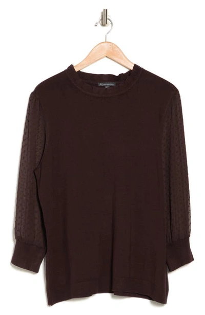 Adrianna Papell Ruffle Neck Lace Sleeve Sweater In Deep Chocolate