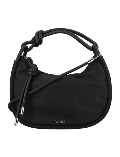 Ganni Knot Baguette Recycled-polyester And Leather Shoulder Bag In Black