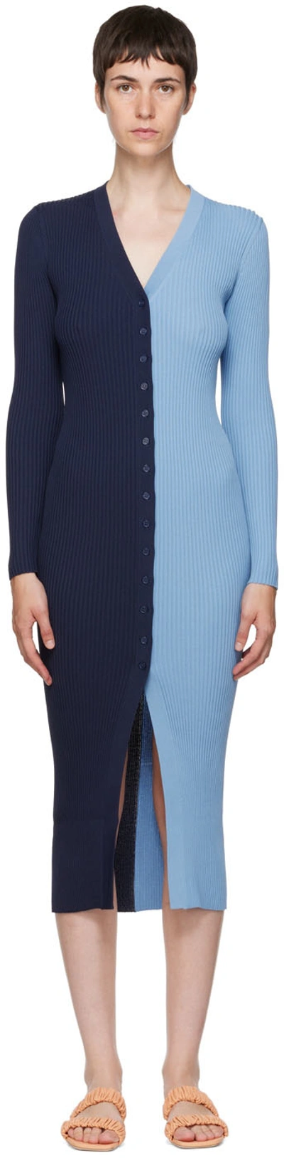 Staud Shoko Two-tone Rib-knit Jersey Midi Dress In Blue-drk