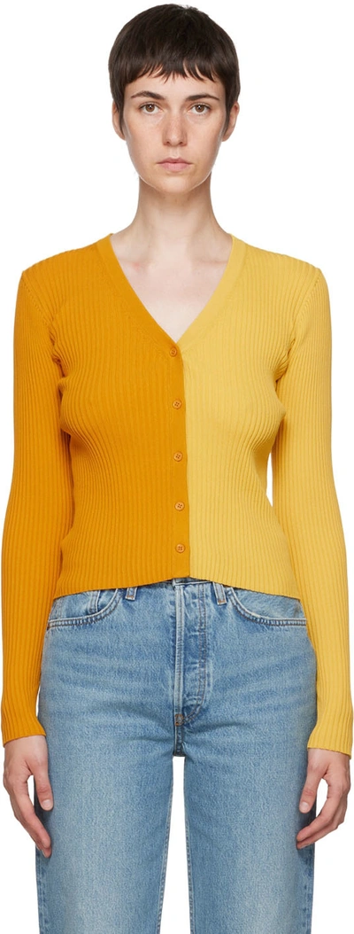 Staud Two-tone V-neck Ribbed Cardigan In Yellow